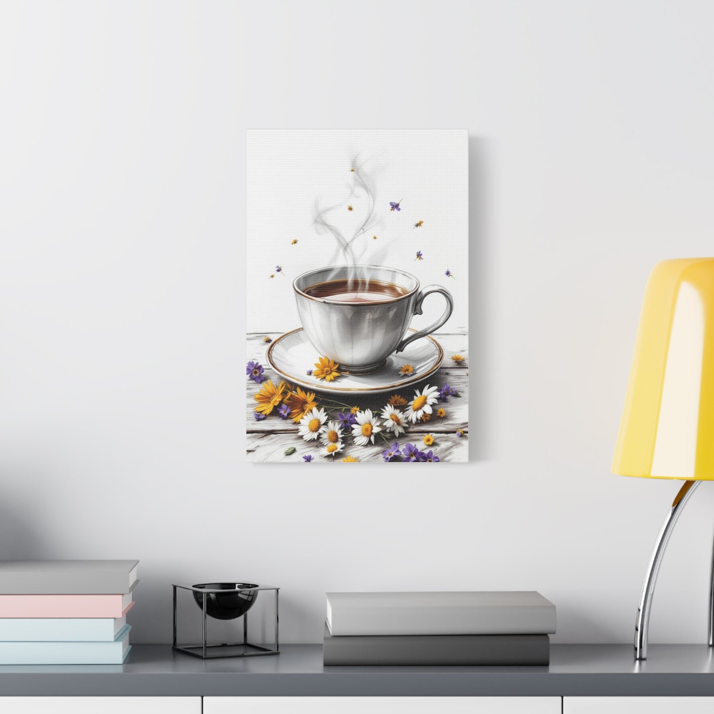 Artistic Canvas Print of Steaming Tea Cup with Flowers, 12” X 18”