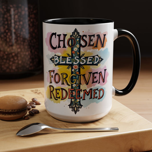 Faith-Inspired Coffee Mug, Chosen, Blessed, Forgiven, Redeemed, Large 15oz