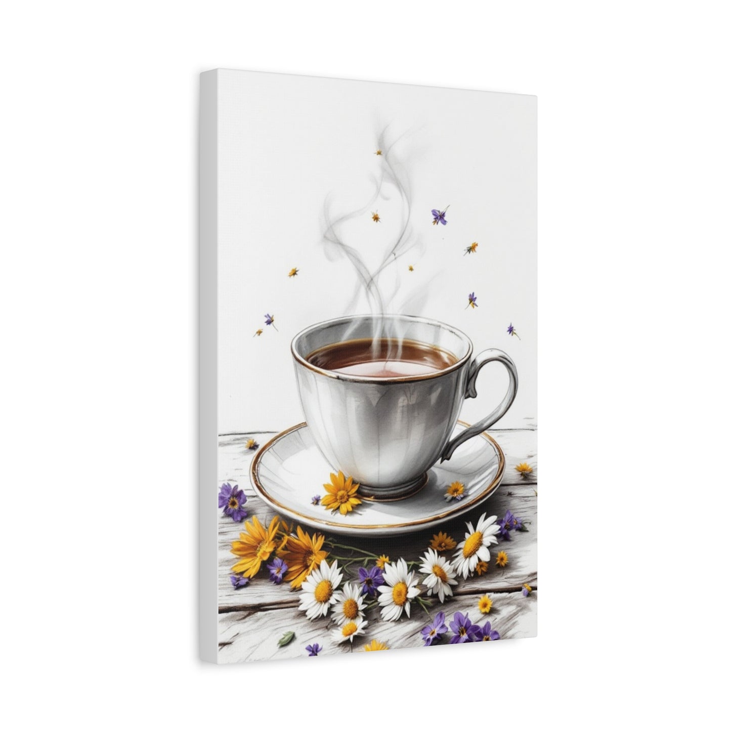 Artistic Canvas Print of Steaming Tea Cup with Flowers, 12” X 18”
