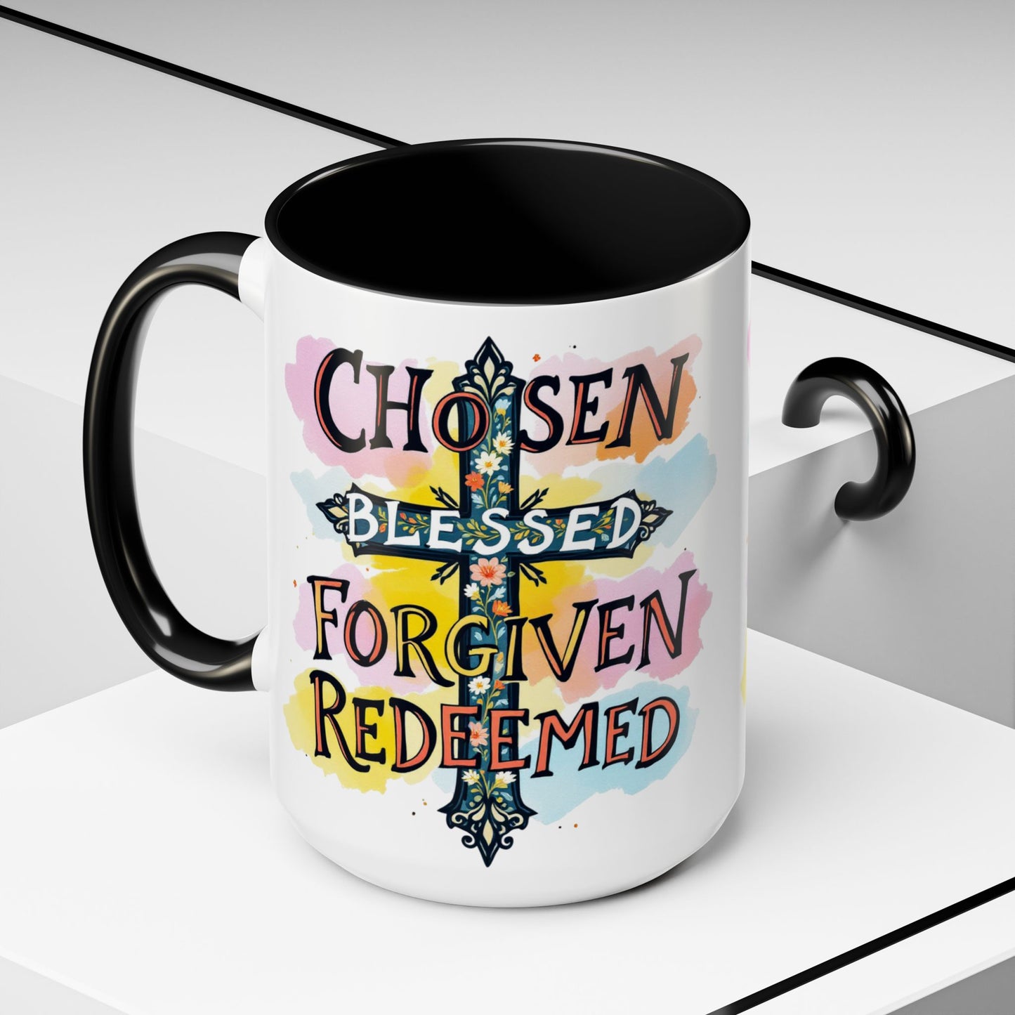 Faith-Inspired Coffee Mug, Chosen, Blessed, Forgiven, Redeemed, Large 15oz