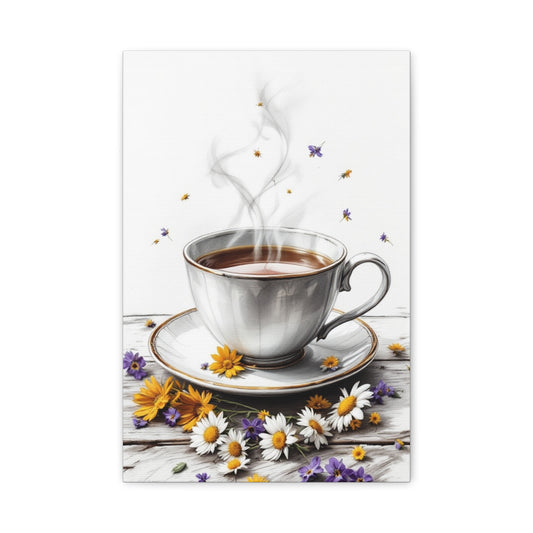 Artistic Canvas Print of Steaming Tea Cup with Flowers, 12” X 18”