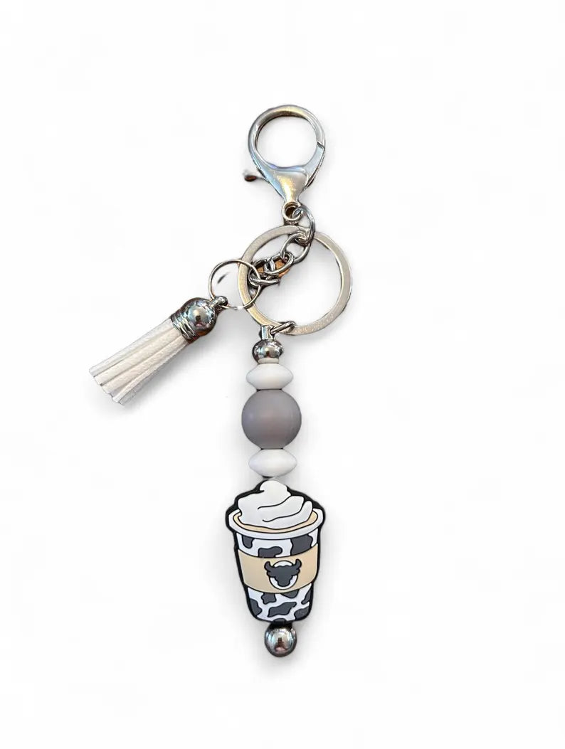Coffee, white tassel, silicone beaded keychain - Allegheny Avenue